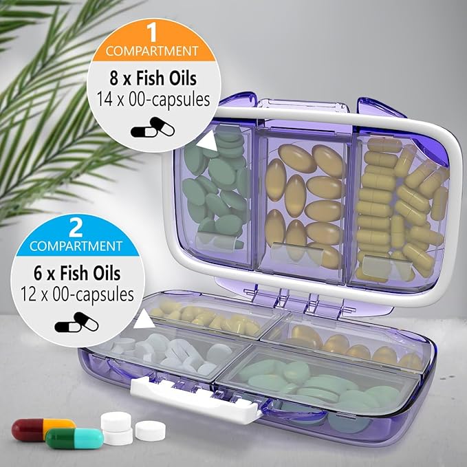 Travel Pill Organizer - Moisture Proof Portable Vitamin Holder with 7 Compartments, Compact Supplement Case for Purse Essential Medicine Kit fot Traveling Pocket Pharmacy with Labels, Purple