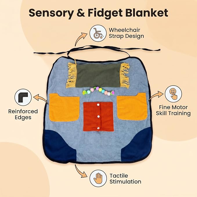 Blue Sensory Fidget Lap Blanket | Warm Fleece Activity Pad, Fine Motor Skills Toys, Calming Engagement for Elderly & Dementia, Fits Wheelchair & Chair