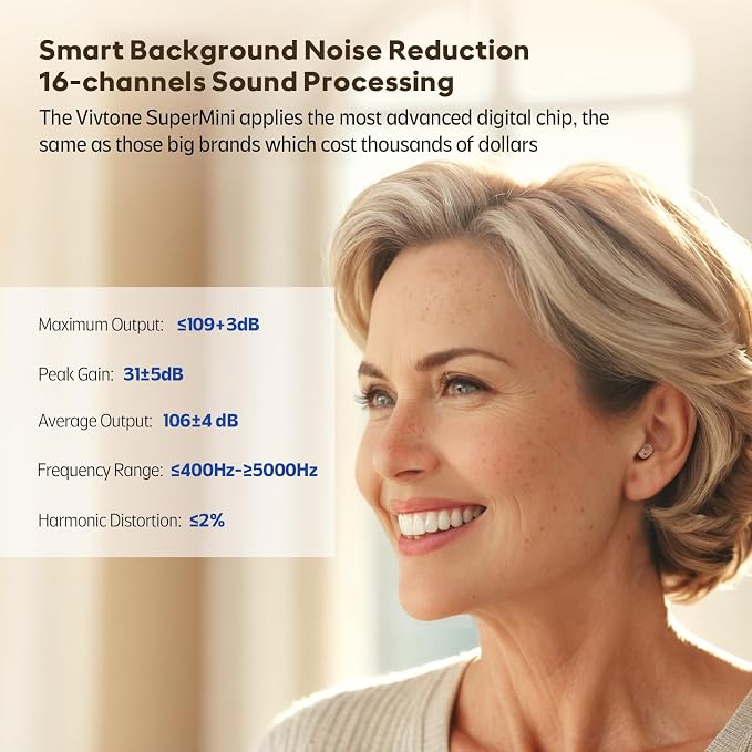 Vivtone Supermini Hearing Aids(Not Amplifiers), Rechargeable Digital Hearing Devices with 16-Channel Sound Processing for Superior Sound Quality, Over-The-Counter, Auto-On/Off, Pair