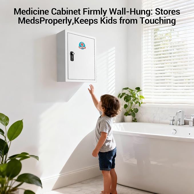 Locking Medicine Cabinet with Combination Lock and Safety Key | Rust-resistant galvanized steel, wall mounted first aid storage for bathroom, home, office and school