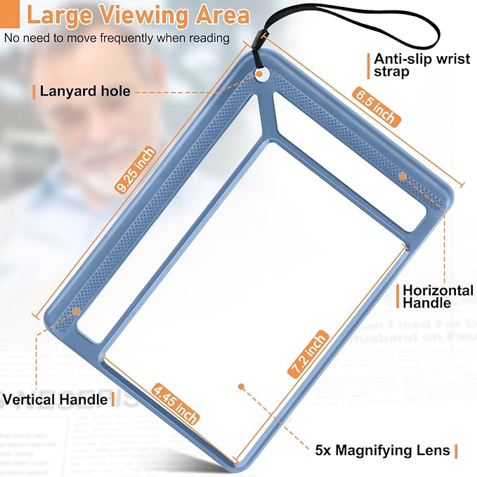 AKKYCVS 5X Full Page Magnifying Glass for Reading, Lightweight Rectangular Magnifier Provides Large Book Page Viewing Area, Handheld Magnifier for Reading Small Prints for Seniors, Low Vision-Blue