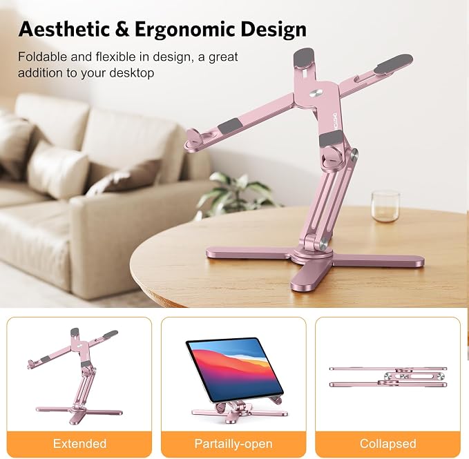 OMOTON LA10 360° Rotating Laptop Stand Riser Foldable for Desk, Pink | Aluminium Aolly, Adjustable Height Angles, Collaborative Work, Easy Storage, Fits Laptops up to 17", for MacBook Pro/Air HP