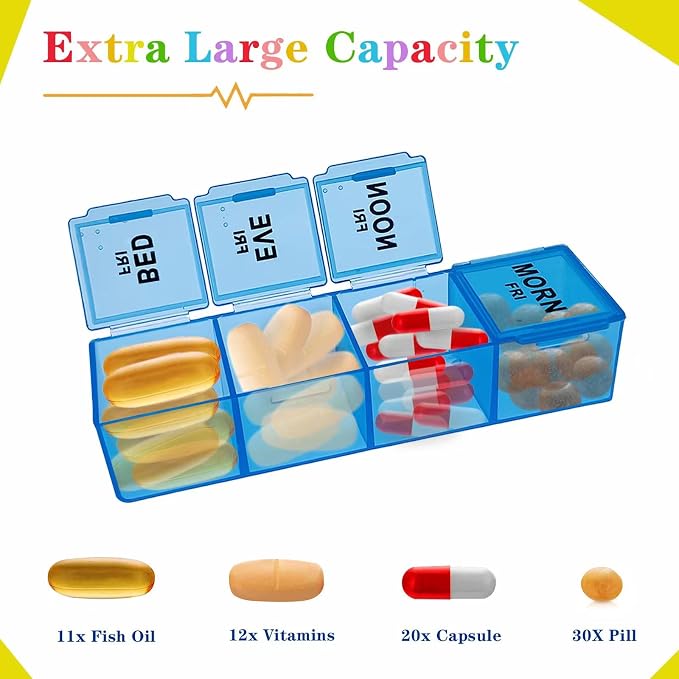 ZVZM Weekly Pill Organizer 4 Times a Day, Large Medicine Organizer, Pill Box 7 Day 28 Compartment, Portable Travel Pill Container Case for Vitamin and Supplement (Color)