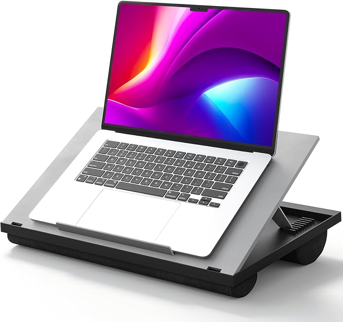HUANUO Lap Desk with 8 Adjustable Angles – Up to 15.6" Laptop, Grey | Dual-cushion base, carry handle, 30% thicker for durability, wider anti-slip ledge, for home office, sofa, bed, car