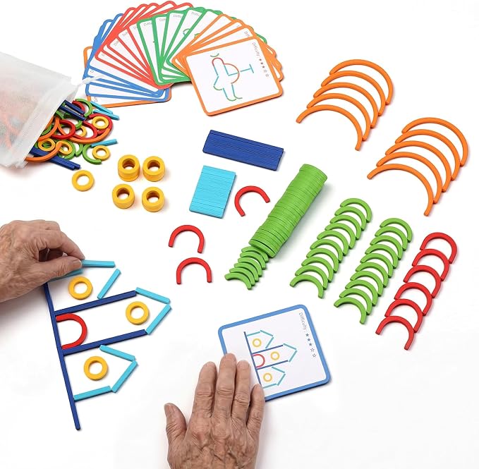 142 Pcs Wooden Pattern Blocks Set for Seniors Dementia for Seniors Memory Matching Games Alzheimers Products Cognitive Toys for Elderly Dementia Patients Older Adults