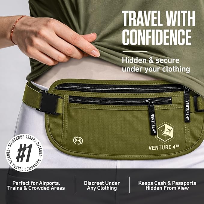 VENTURE 4TH Travel Money Belt, RFID Blocking Passport Holder - Green
