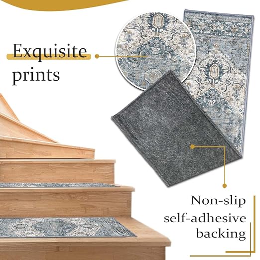 8”x 30” Carpet Stair, Anti-Slip Carpet Treads for Wooden Steps, Self-Adhesive Decorative Stair Runners, Slip-Resistant Treads for Indoor Wooden Staircases (4, Blue, 8X30 inch)