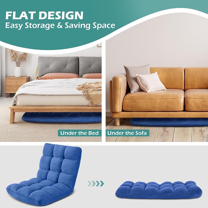 Folding Floor Gaming Chair 14-Poistion Cushioned Adjustable Floor Lazy Sofa Chair w/Breathable Cotton & Skin-Friendly Velvet for Adults & Kids Perfect for Reading Gaming Meditating, Babyblue