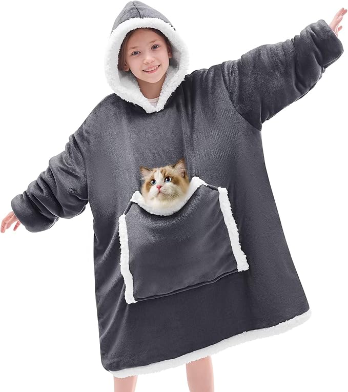 JOYWOO Kids Wearable Blanket Hoodie,Oversized Cat lovers Hoodie Blanket for kids & Teens,Birthday Gifts for Girl Boys,Warm Cozy Fuzzy Sherpa Fleece Sweatshirt Blankets with Giant Pocket Gifts,Grey