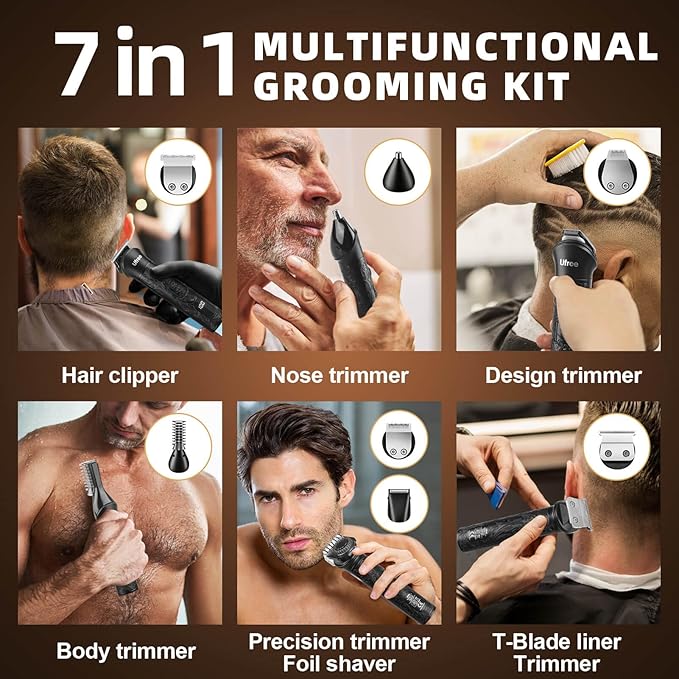 Ufree 7-in-1 Beard Trimmer for Men, Electric Razor Shaver, Men Grooming Kit | 1-10 mm Adjustable Comb for All Mustache Lengths, Type-C, LED Display, Versatile Use on Sideburns, Body, Nose Hair, Men Gift