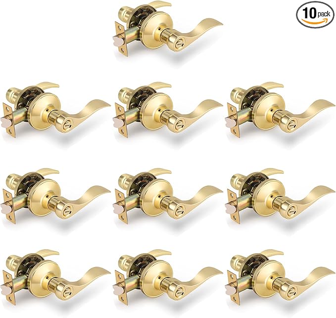 Gobrico Wave Style Privacy Door Levers in Polished Brass/Bedroom and Bathroom Handles Locksets with Drop Handles/10 Set Contractor Pack