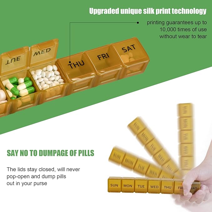 2 Pack Weekly Pill Organizer, Large 7 Day Pill Case, Daily Vitamin Case Medicine Box, AM/PM Pill Containers for Medicine Supplements Fish Oil (Khaki & Black)