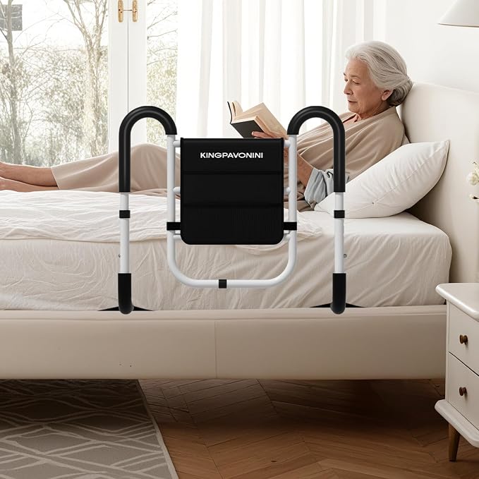 KingPavonini Bed Rails for Elderly Adults Safety ASTM-Approved, 2026 Upgrade Ergonomic Dual U-Handles & 4-Bar Reinforced Anti-Tip, 400lb Bed Rails for Seniors with Storage Bag, Tool-Free, Model BM07