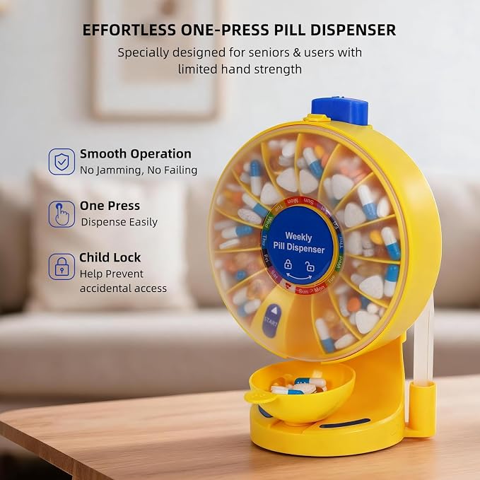 EziMedPil Pill Organizer for Children’s Vitamins with No-Flip & Child Proof | One-Press Button Wall-Mounted or Free-Standing Container as Gift for Kid’s Candy, Repeatedly Pressing as a Stress-Relief Toy