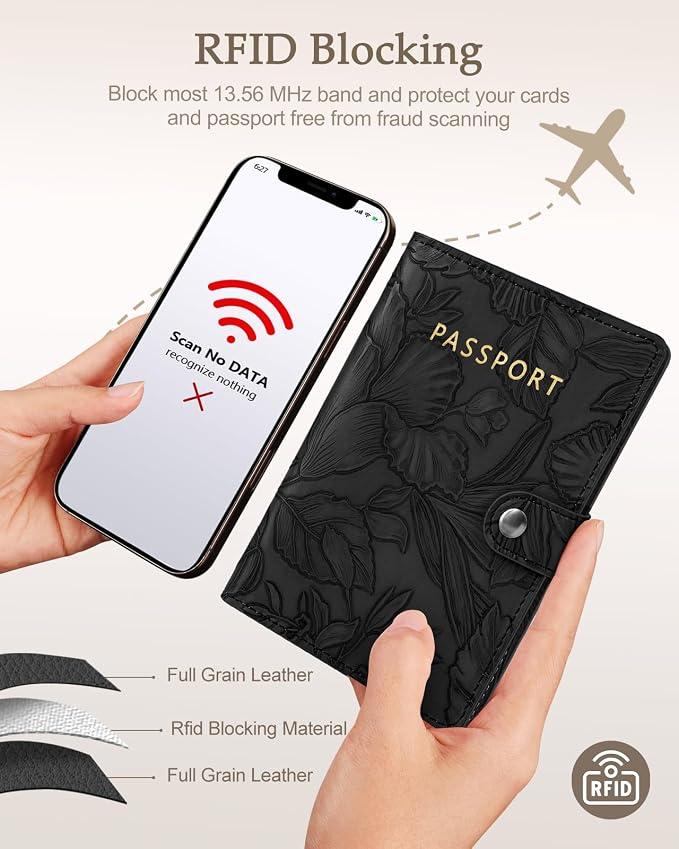 Slohif Elegant RFID Passport Holder for Travel with AirTag Matte Black | Floral Embossed Passport Wallet for Women, Slim Vegan Leather Travel Organizer with Money Pocket and Card Slots