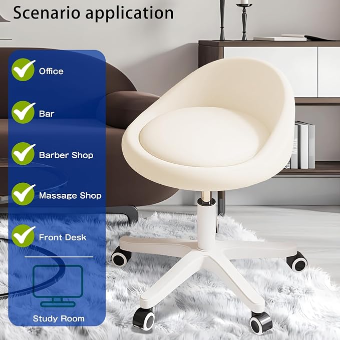 Rolling Stool – Ergonomic Swivel Seat, Adjustable Height, Ultra-Quiet Wheels, Padded PU Leather Cushion, for Salon, Office, Massage & Medical Use Beige