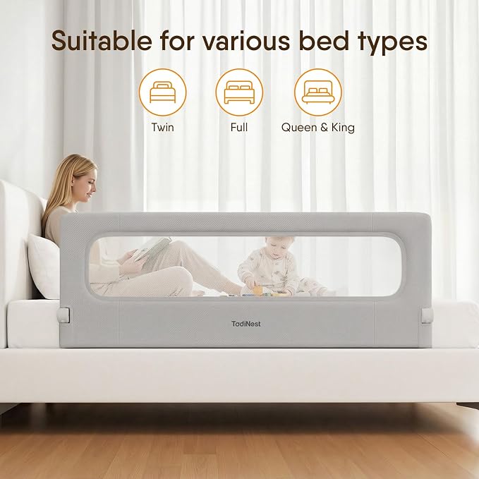 Bed Rail for Toddlers, 59 Inch Foldable Baby Guard | 59 in foldable toddler rail with reinforced anchors, no-gap mattress fit, double lock, washable fabric for King|Queen