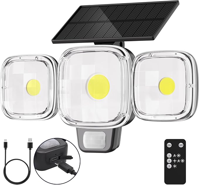 6000mAh Solar Motion Sensor Outdoor Lights with 3 Modes | IP65 Waterproof, 3-Head 270° Wide Angle Remote Control Outside Security Wall Light For Garden, Patio, Garage, Lawn and Yard