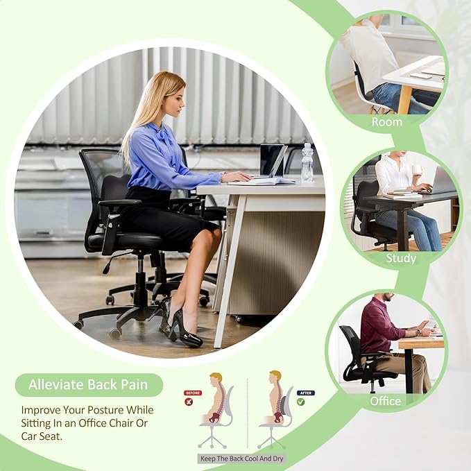 Lumbar Support Pillow Office Chair Car Back Pillow Ergonomic Lower Back Pain Relief Breathable Air Fiber Cushion with Hours Sitting on Worker Driver & Handicapped, Adjustable Strap (Dark Gray)