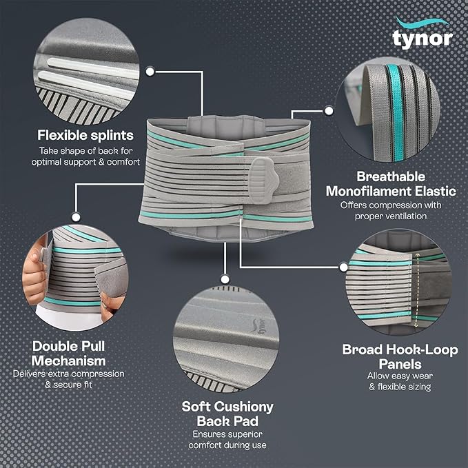 TYNOR Lumbar Support Belt Breathable Compression Lower Back Brace, Adjustable Waist Lumbar Support Brace for Men & Women, Herniated Disc, Sciatica, Back Pain & Heavy Lifting (XXL, Grey)