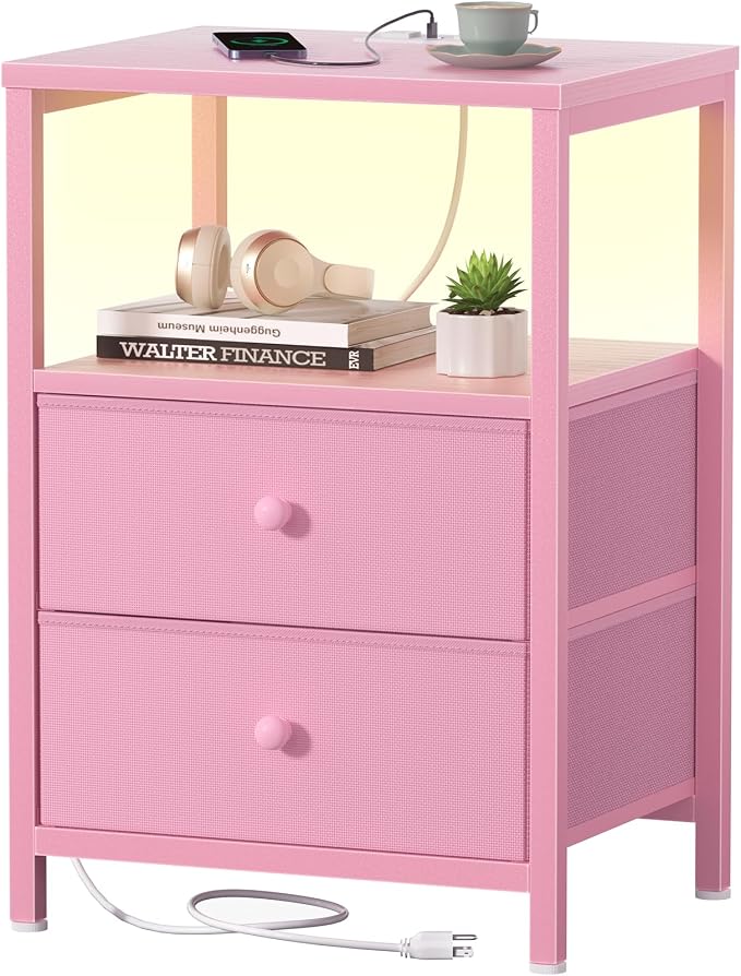 BOLUO Pink Nightstand with Charging Station, LED Night Stand with 2 Fabric Drawers, Bedside Table with USB Ports and Outlets, Nightstand for Bedroom Modern