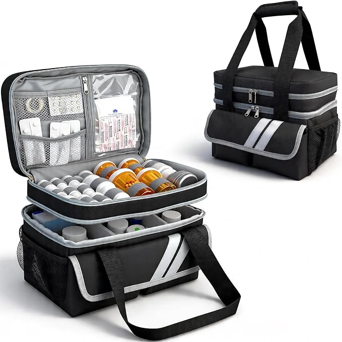 Double Layers Medicine Organizer Storage Bag with Dividers | Pill Bottle Organizer Bag | First Aid Bag | Medication Organizer Bag | Medical Bag for Medical Supplies & Equipment