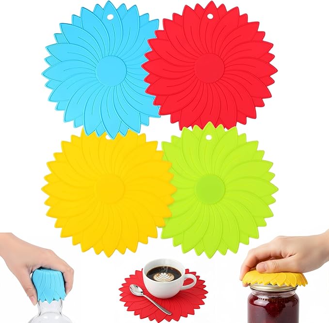 4 Pack Silicone Jar Opener Gripper Pads, Non-Slip Grippers for Opening Jars, Easy-Twist Jar Openers for Weak Hands and Seniors, Dishwasher Safe, Heat Resistant (Multicolor)