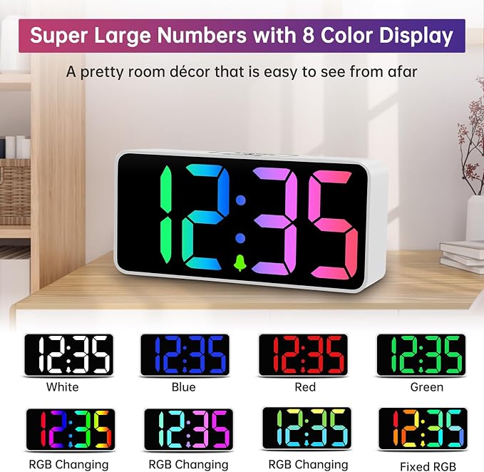 DreamSky Large Digital Alarm Clock Big Number for Seniors/Visually Impaired | RGB 9 Inches Desk Clock for Bedroom, Dimmable Jumbo Display, USB Ports, Loud Alarm for Heavy Sleepers, Adjustable Volume