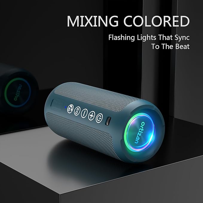 Ortizan Portable Bluetooth Speaker: IPX7 Waterproof, 24W Loud Sound, Deep Bass, Bluetooth 5.3, LED Lights, Wireless Stereo Pairing, 30H Playtime, for Home/Outdoor/Party/Beach, Birthday Gift (Blue)