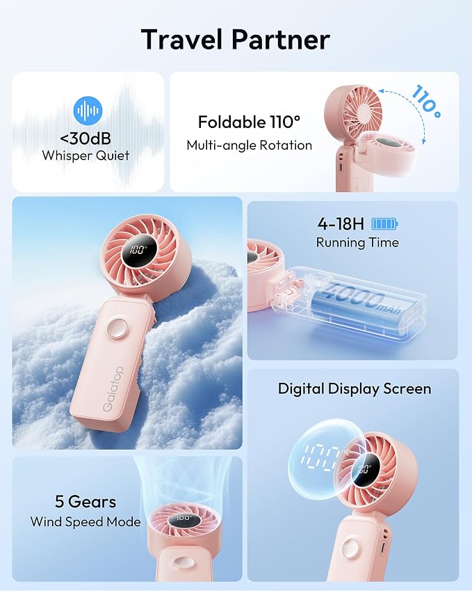 Gaiatop Portable Handheld Fan, 5 Speed Rechargeable Battery Max 18 Working Hours, 3 IN 1 Neck/Desk/Hand Fan Cooling for Travel, Beach, Women/Men Outdoor Activities Gifts - Pink