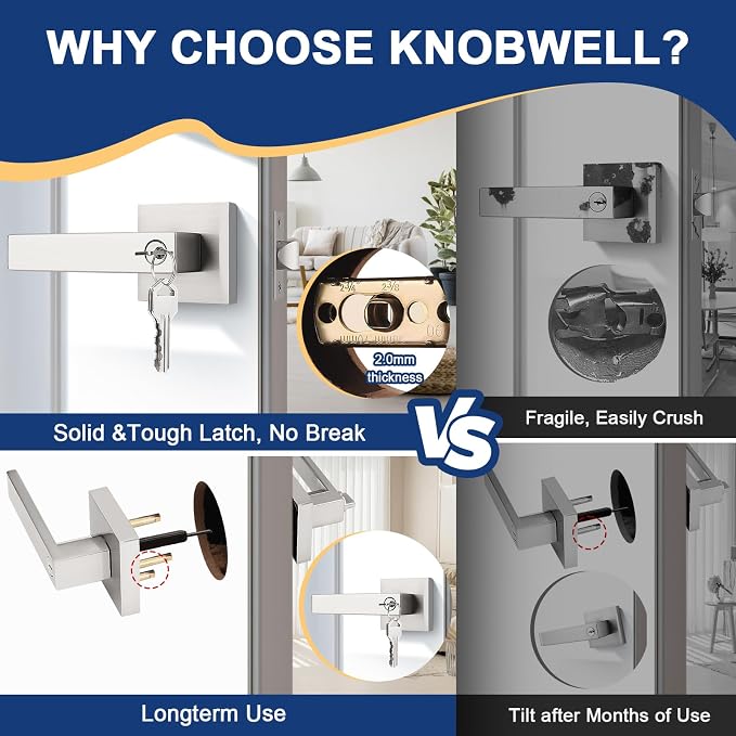 KNOBWELL 2 Pack Front Door Handles with Lock and Key, Lockable Door Knobs Entrance Door Lockset Brushed Nickel Square Door Levers(Same Key)