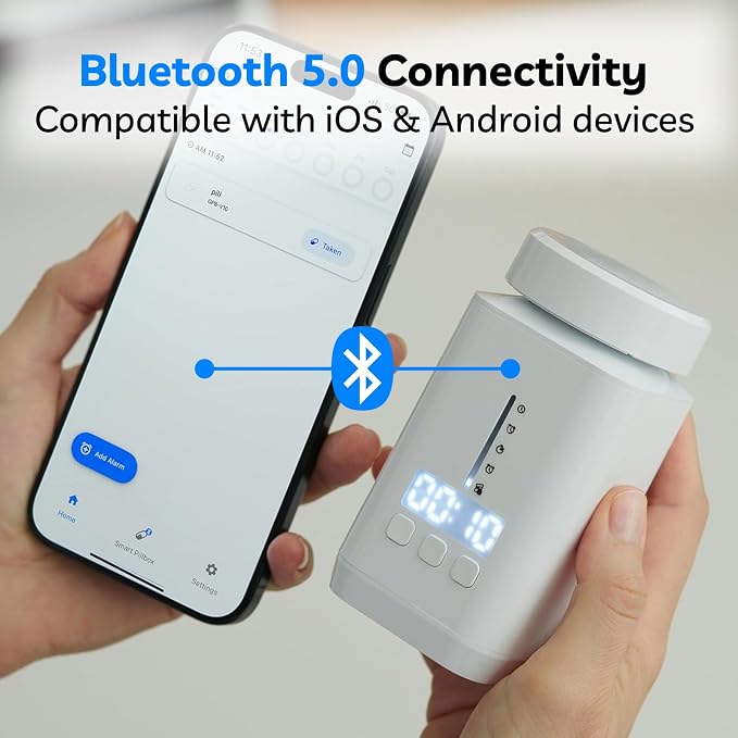 DEFI Smart Pill Bottle - Bluetooth Medication Reminder with Sound & Light Alarm, LED Time Display, Auto Dose Tracking App, 1-Year Battery, Travel Pill Organizer for Vitamins & Supplements