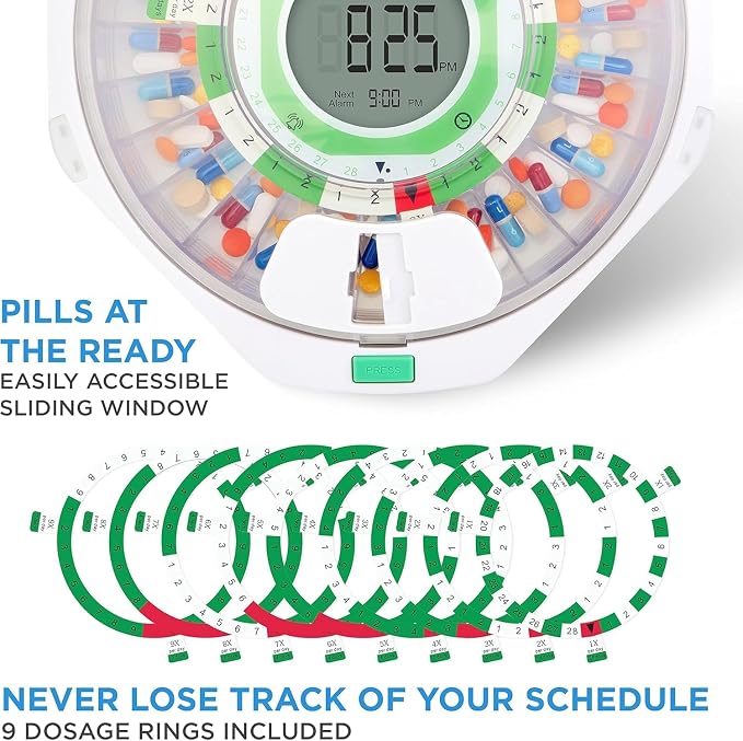 LiveFine 28-Day Automatic Pill Dispenser, 9 Dosage Rings, Clear Lid | Portable, battery-powered with a lockable key cover - built for seniors, arthritis sufferers, and caregivers.