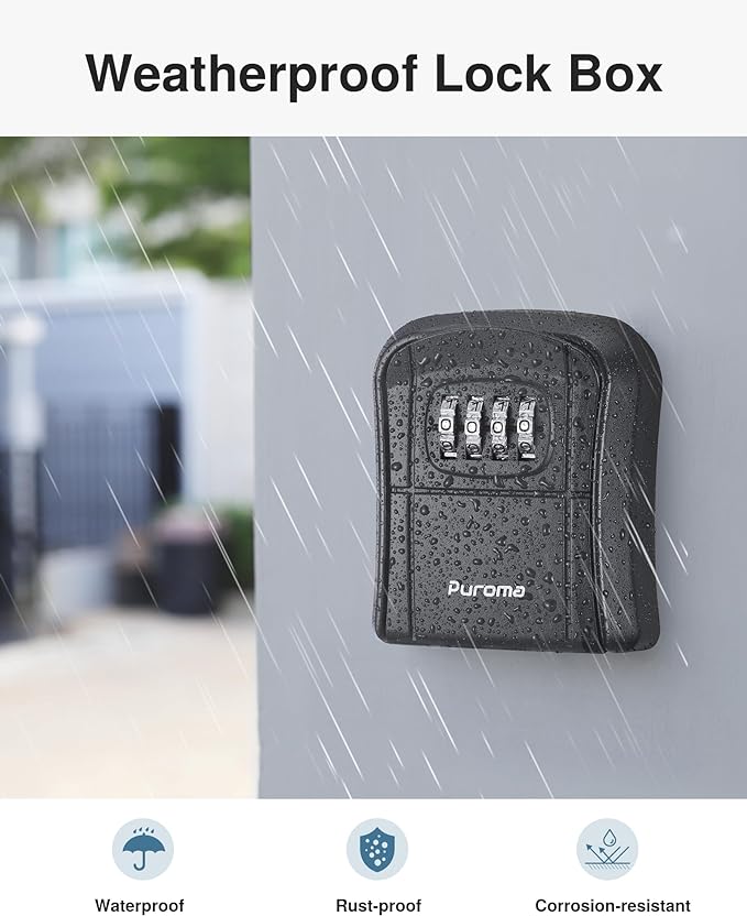 Puroma Key Lock Box Combo Wall-Mounted Storage Safe Lockbox Home Office | Outside, Portable, Wall Mount, Resettable, Combination, Weatherproof, High-capacity, Hold 5 Keys, Contractor Guest Realtor