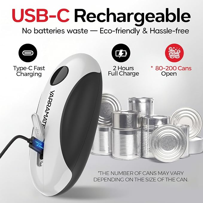 YARRAMATE Rechargeable Electric Can Opener, USB-C Smooth Edge Cutter | USB-C Automatic Can Opener, Fits for Most Cans, Friendly for Seniors, Includes Storage Bag