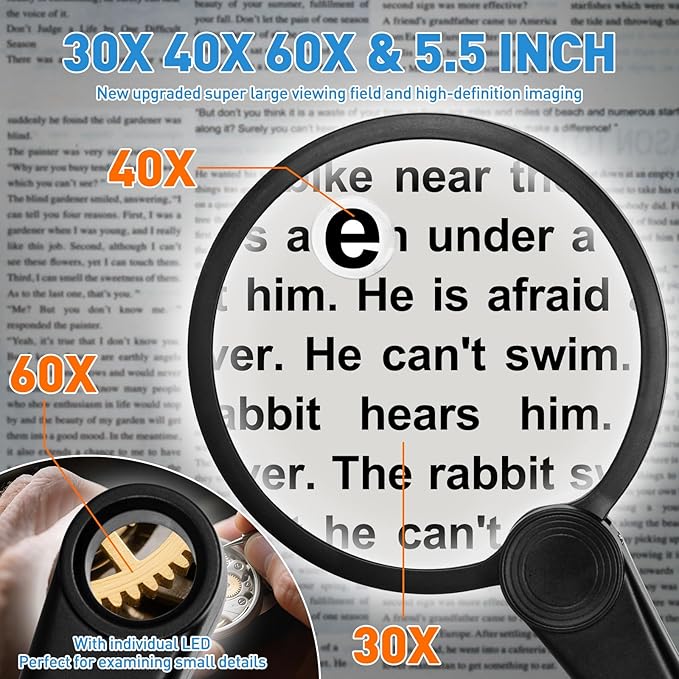 5.2 Inch Large Rechargeable Magnifier with Light, 30X 40X 60X Handheld Magnifying Glass with 49 Anti-Flicker LED Light, Third Gear Dimming Strongest Lighted Magnifier for Seniors Reading Coins