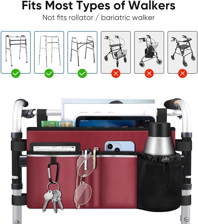 FINPAC Large Walker Tote Bag w/Cup Holder, Folding Walker Attachment Pouch | Water-resistant Polyester, Organized Pockets, Reflective Strip, Mobility Aid Storage Basket for Seniors, Burgundy