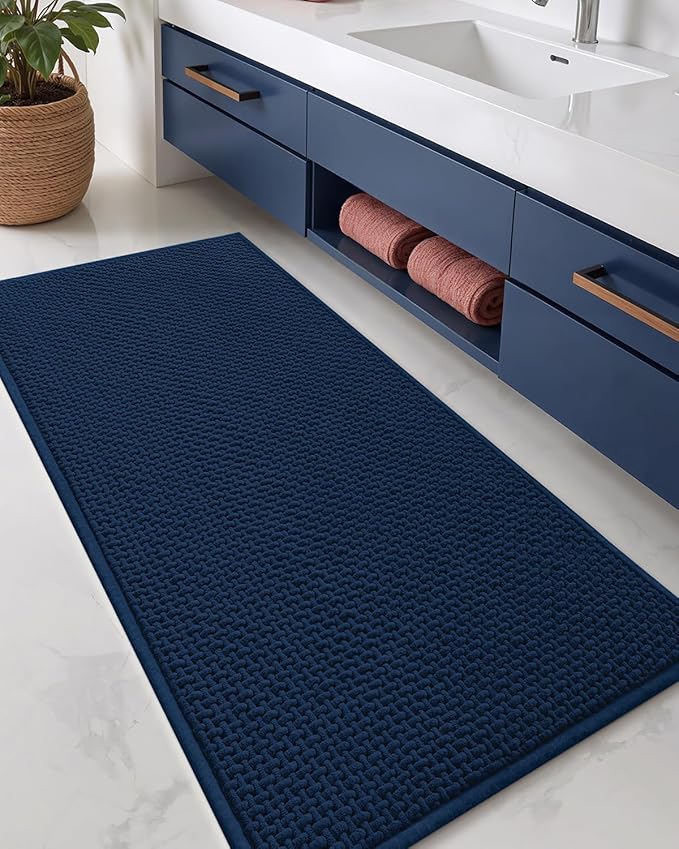 Color&Geometry Chenille Pile Large Bathroom Rugs Upgraded Denser, 24"x59" Non Slip Absorbent Dark Blue Bath Mats for Bathroom Thin Fit Under Door, Washable Quick Dry