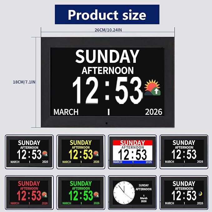 10.1 Inch Black Digital Dementia Clock, Large Display Calendar Clock, 15 Medication Reminders, Auto DST, Auto Brightness Adjustment, Equipped with Remote Control (10.1inch Black, Large)