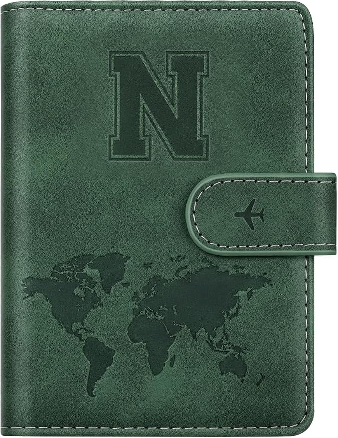Passport Holder Wallet Cover Personalized Initial Travel Essentials | Embossed Letter A-Z Design, Travel Wallets, RFID Blocking, Passport Book Holders, Women and Men, Personalized Gifts, Green-N