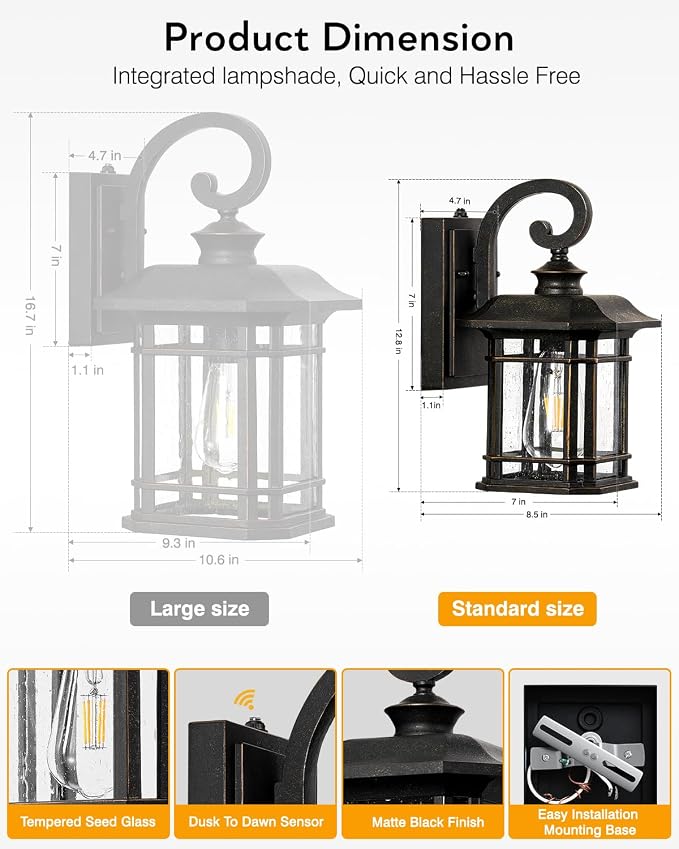 VIANIS Oil Rubbed Bronze Outdoor Light Fixture, Dusk to Dawn Outdoor Lights for House, Waterproof Porch Lights, Outside Wall Lights for House, Garden, Garage, Entryway, Anti-Rust