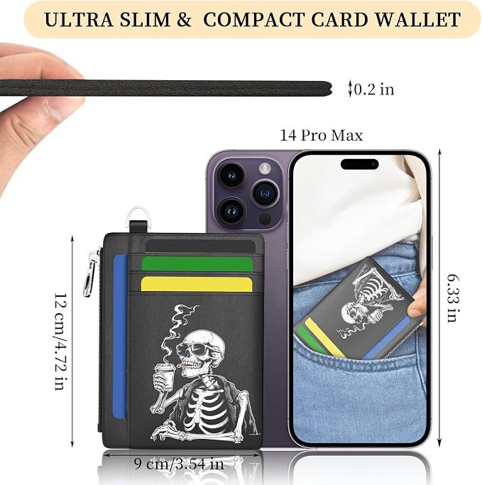 Hancynir Slim Wallet Women Credit Card Holder, Skull Skeleton Small RFID | Zipper Pocket Wallet, Thin Coin Purse, PU Leather, Minimalist Travel Card Case, 6 Card Slots, ID Window, Ladies Wallet Gifts