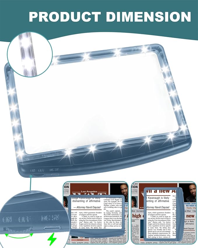 AKKYCVS 6X Rechargeable Magnifying Glass with Light, Large Bright LED Lighted Full Page Magnifier, Lightweight Rectangular Handheld Magnifier with Light for Reading Small Prints for Seniors, Blue
