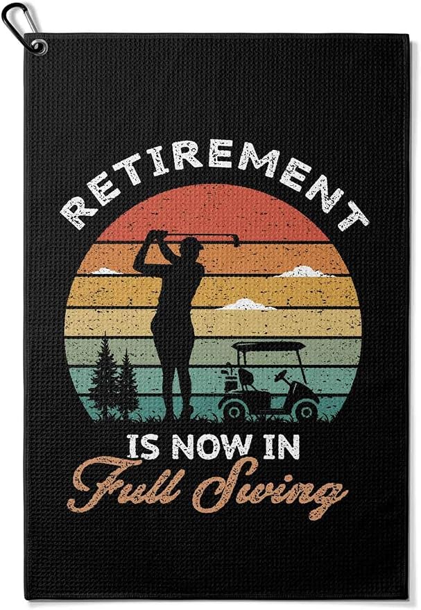 Funny Golf Towel with Clip,Golf Bag Accessories for Men,"Retirement is Now in Full Swing"Golf Gifts for Women Mom Grandma Dad,16x24inch Microfiber Golf Towel,Birthday Christmas Retirement Golfer Gifts