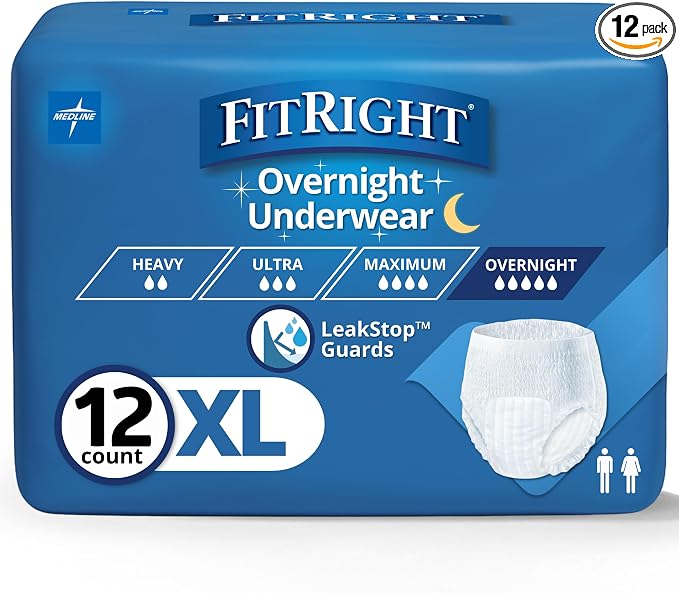 FitRight Overnight Unisex Extra Large Underwear, (56-68 in Waist) 12 Count, Maximum All Night Disposable Incontinence Protection, Pull-On Absorbent Underwear for Men and Women, 1 Bag