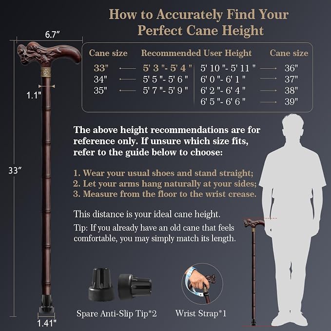 Wooden Walking Cane, 3D Dragon Engraved Cane Support up to 400 lb, Canes for Seniors Men Women of Different Heights