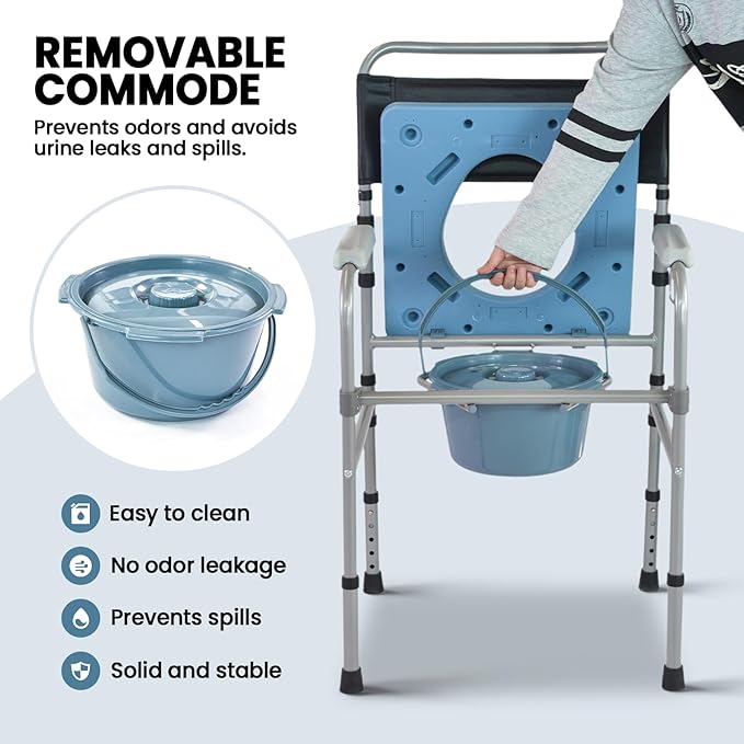 Folding Bedside Commode, Height Adjustable Toliet Chair for Seniors with Padded Seat and Arms, Portable Potty Shower Chair for Elderly Handicap Adult