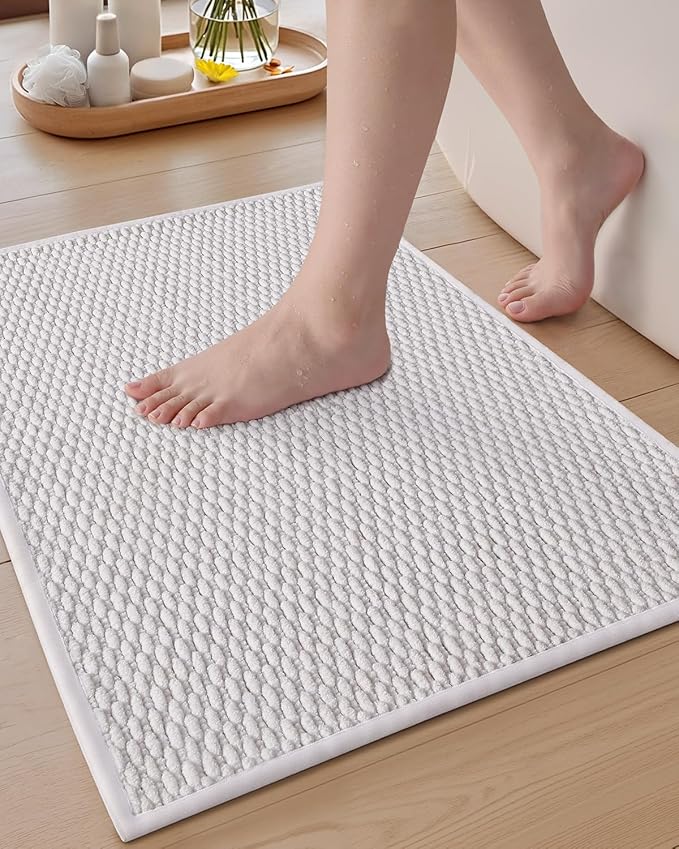 Color&Geometry Bathroom Rugs with Rubber Backing, Non Slip Machine Washable Bath Mat, Soft Absorbent Chenille Boho Carpet for Bathroom Floor, Tub and Shower, 16"x24", White