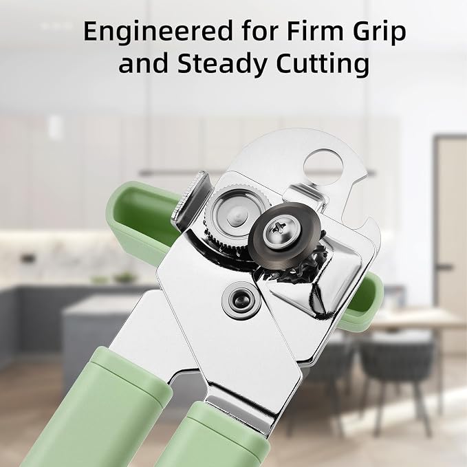 Can Opener Manual, Reinforced Blade, Effortless Knob, Non-Stick, Green | Reinforced blade, effortless knob, built-in bottle opener, non-stick hard rubber handle, smooth-edge safety cutter