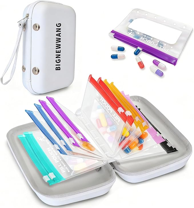 Extra Large Weekly Waterproof Pill Organizer Set, Reusable Pill Bags with 14 Coded AM PM Pouches for Home and Travel, 7 Day Portable Medicine Pill Case for Fish Oils, Vitamins and Daily Meds (White)
